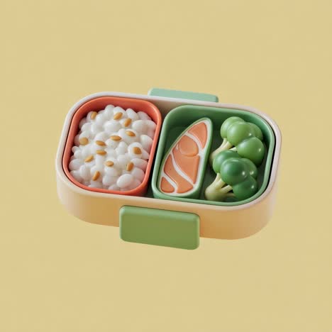 stylized bento box with rice, salmon, and broccoli