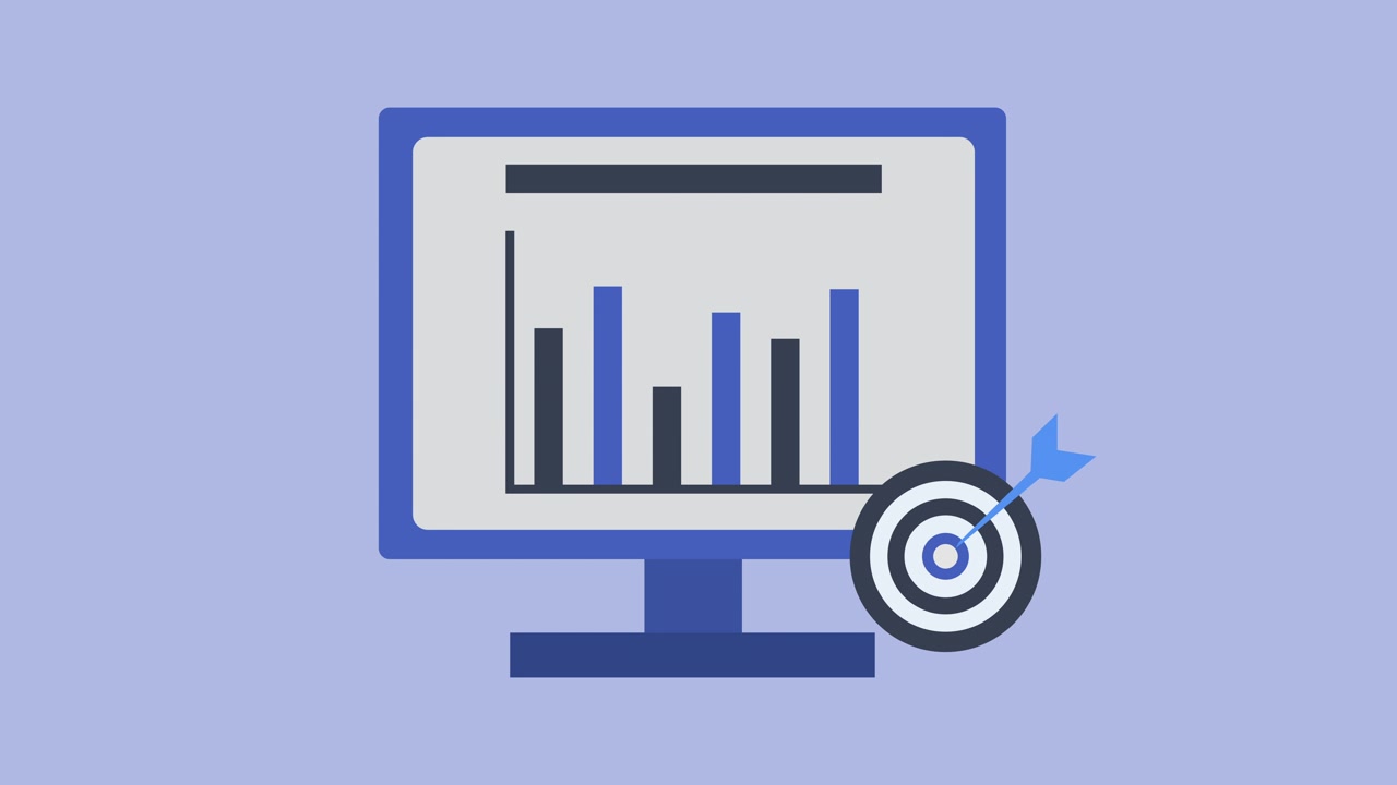 Animated Computer Monitor Displaying Growing Bar Chart with Target Icon