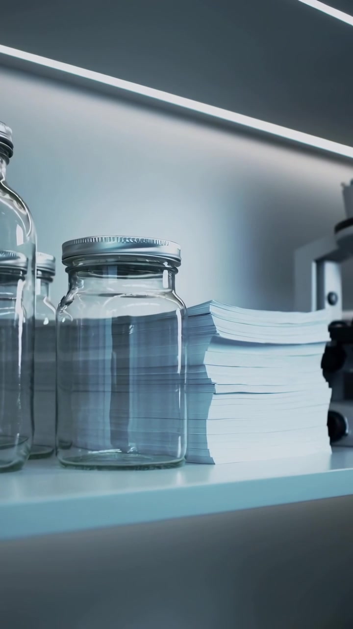 Vertical video: Panning camera showing jars with lids, paper, and microscope on shelf to log scene