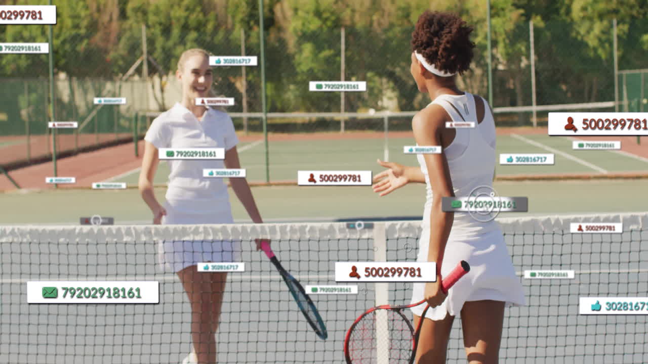 Two tennis players shaking hands on outdoor court, showing floating AR metrics with thumbs-up icons