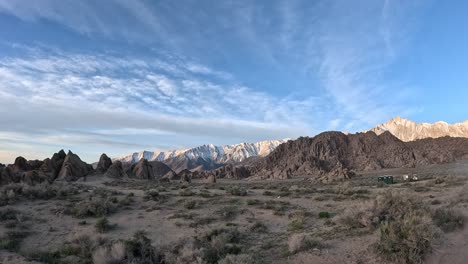 alabama hills are rock formations in the sierra nevada in the owens valley, california - wind angle, low altitude aerial panorama