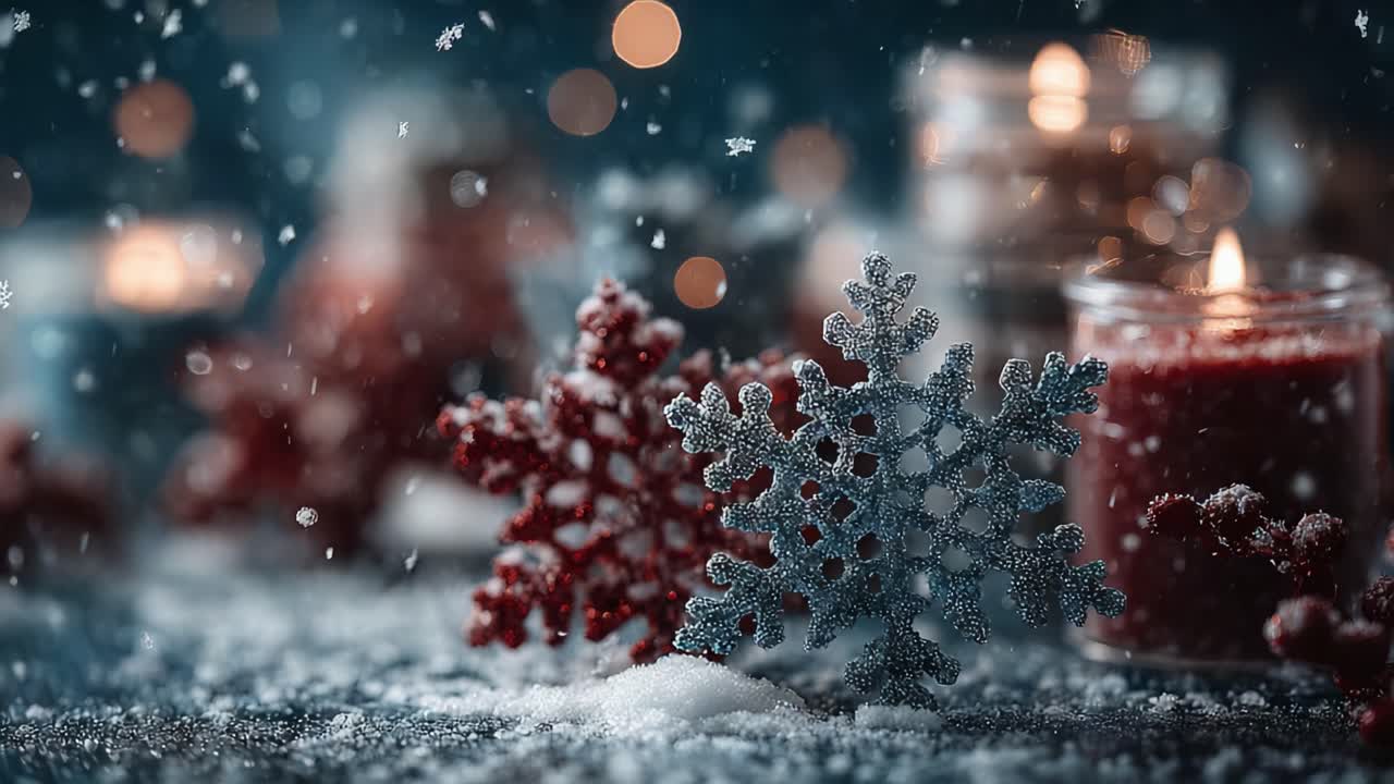 A Cozy Winter Scene Featuring Decorative Snowflakes and Glowing Candles Capturing the Essence of the Holiday Spirit in Soft, Falling Snow