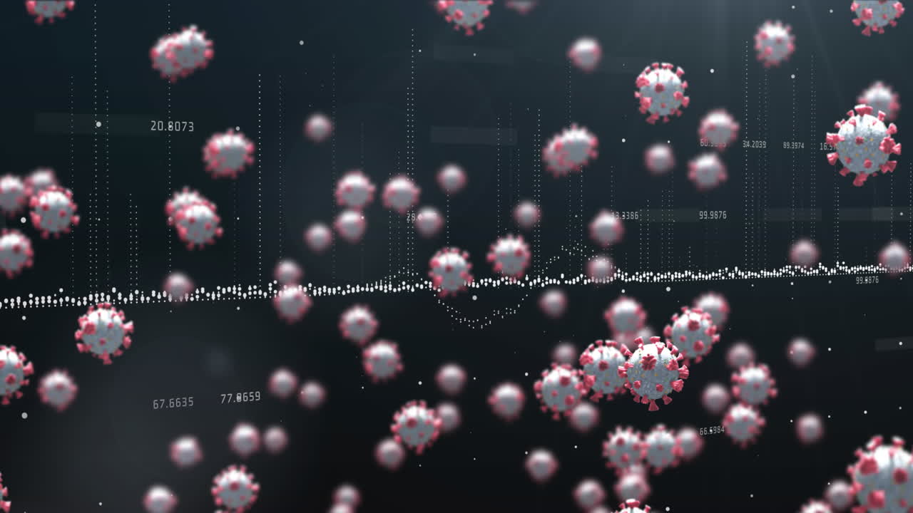 코로나바이러스 세포를 떠다니는 데이터 처리 애니메이션