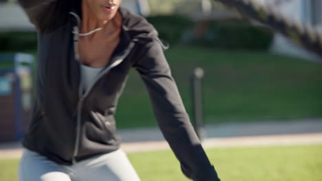 Fitness,-battle-ropes-and-black-woman-doing