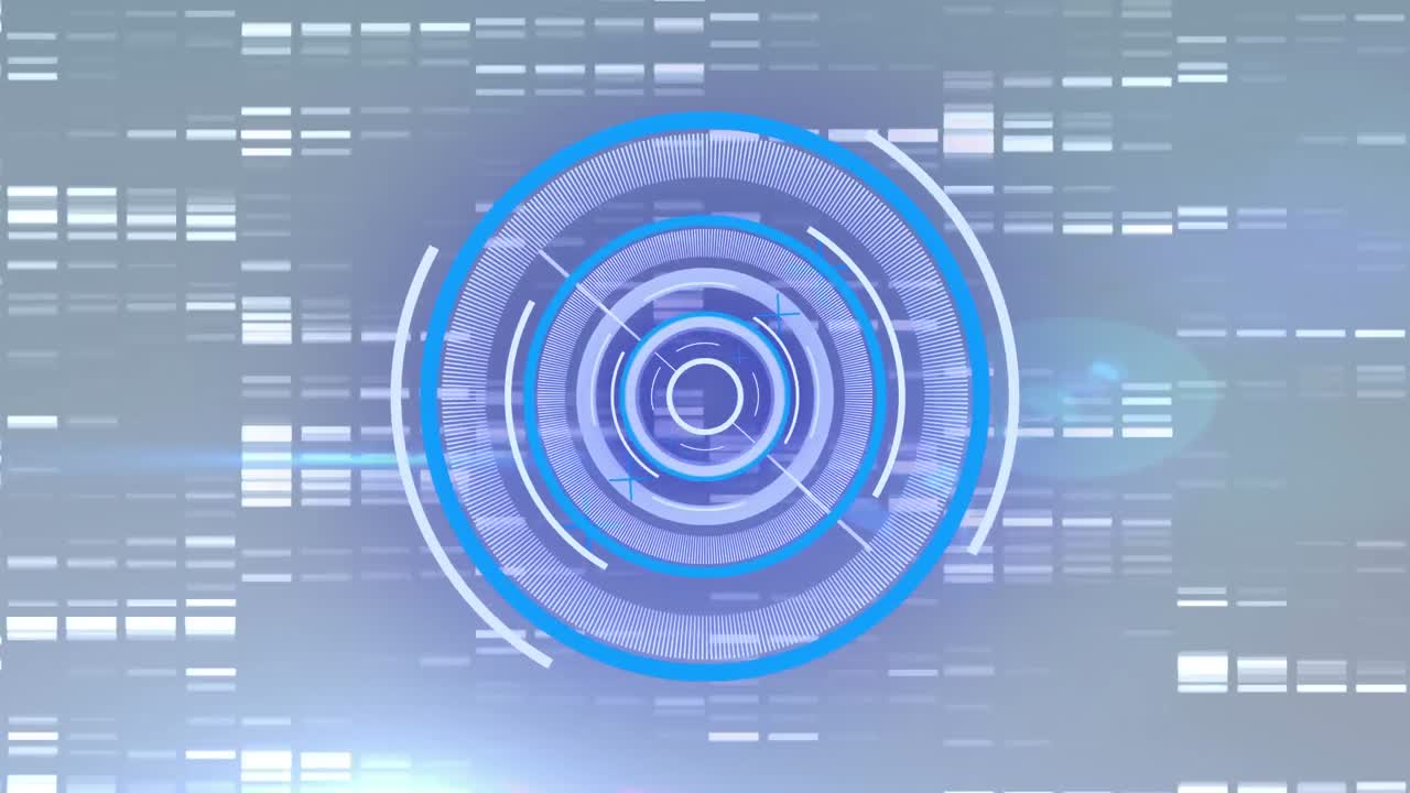 animación de un escáner redondo de neón sobre cuadrados de mosaico contra un fondo gris