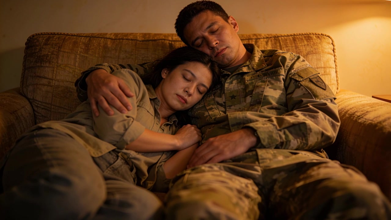 Resting soldiers wearing patched camouflage uniforms leaning on home sofa after shift, lamp glowing