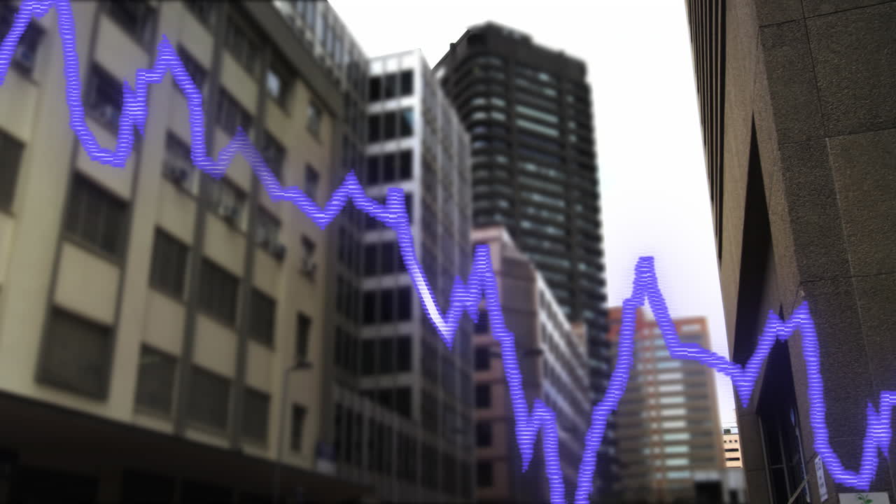 animación del procesamiento de datos financieros sobre el paisaje urbano