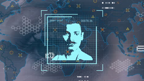 animación del mapa del mundo, fotos de usuario e iconos sobre el ojo de una mujer caucásica