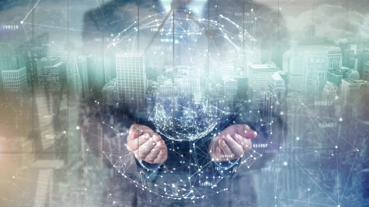 hombre de negocios mano tocando red global