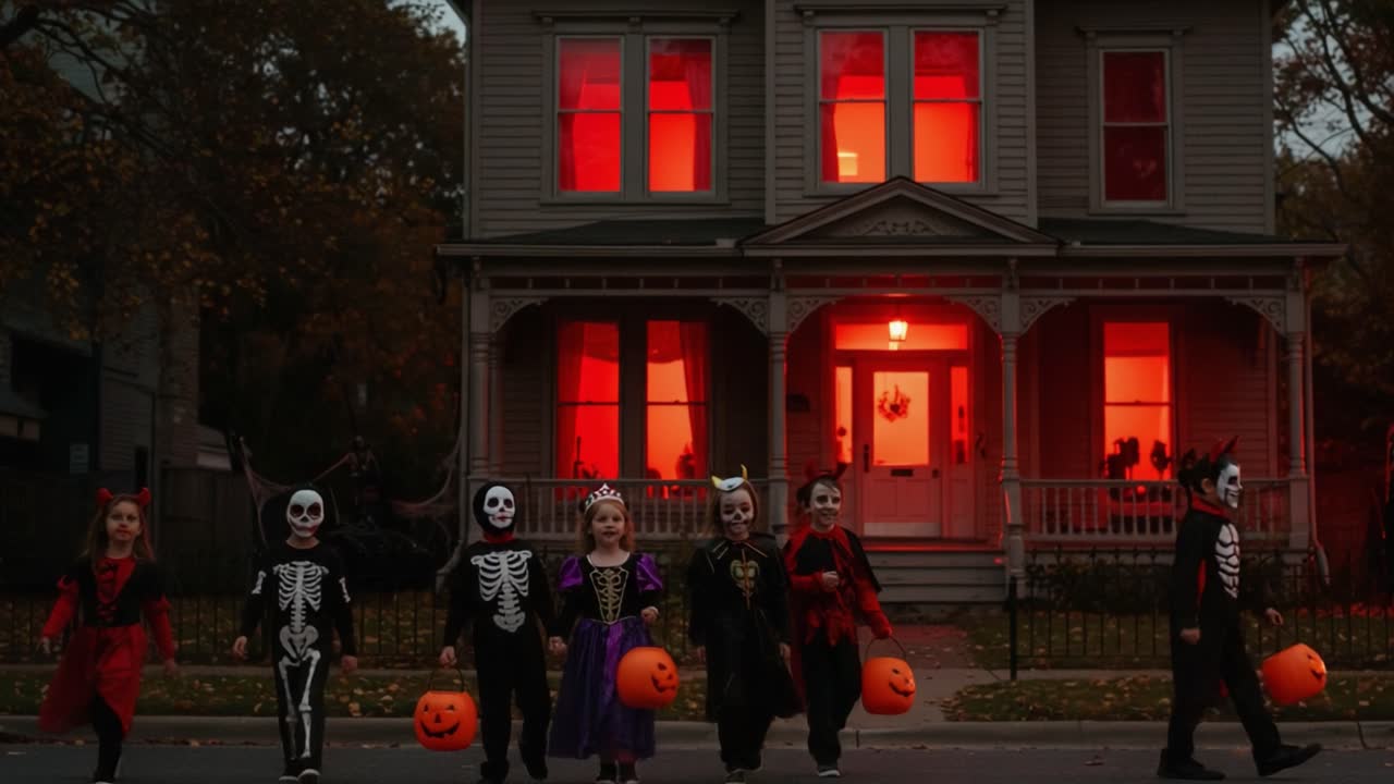 A Spooky Halloween Night Unfolds as Costumed Children Parade in Front of an Eerie House with Red Windows, Capturing the Thrill of Trick-or-Treating Festivities