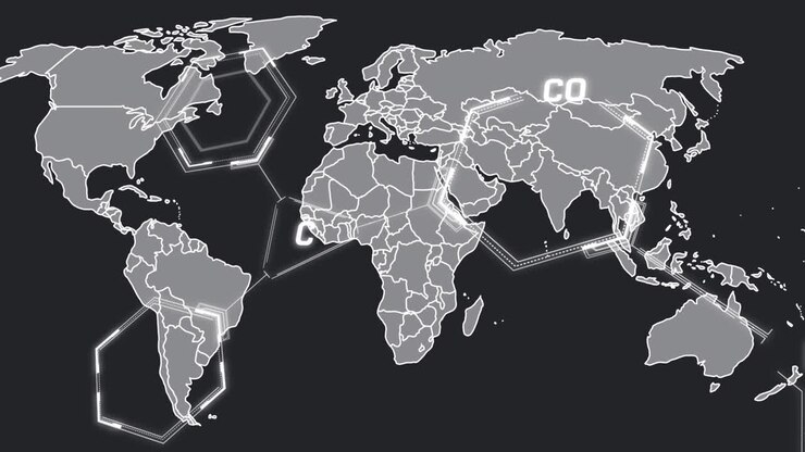 Animation of chemical formula over world map on black background