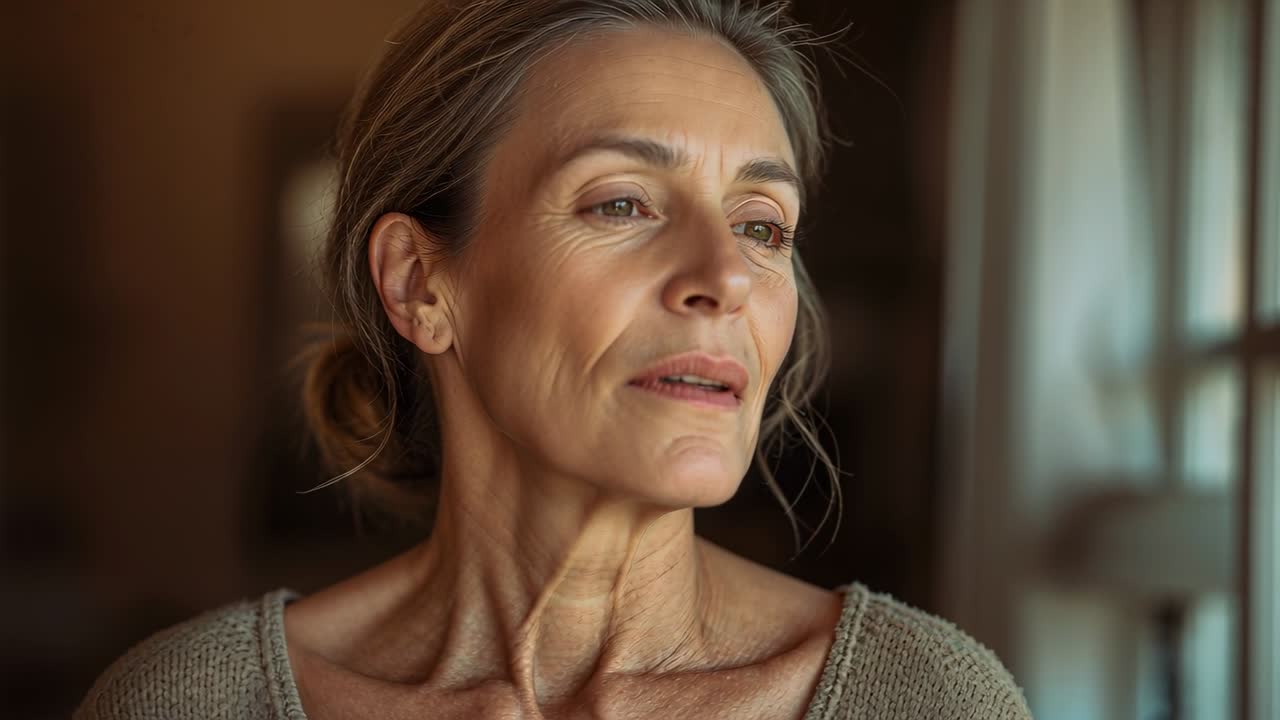 Soft window light nudging senior woman opening eyes, tucking hair touching neck thinking in sweater