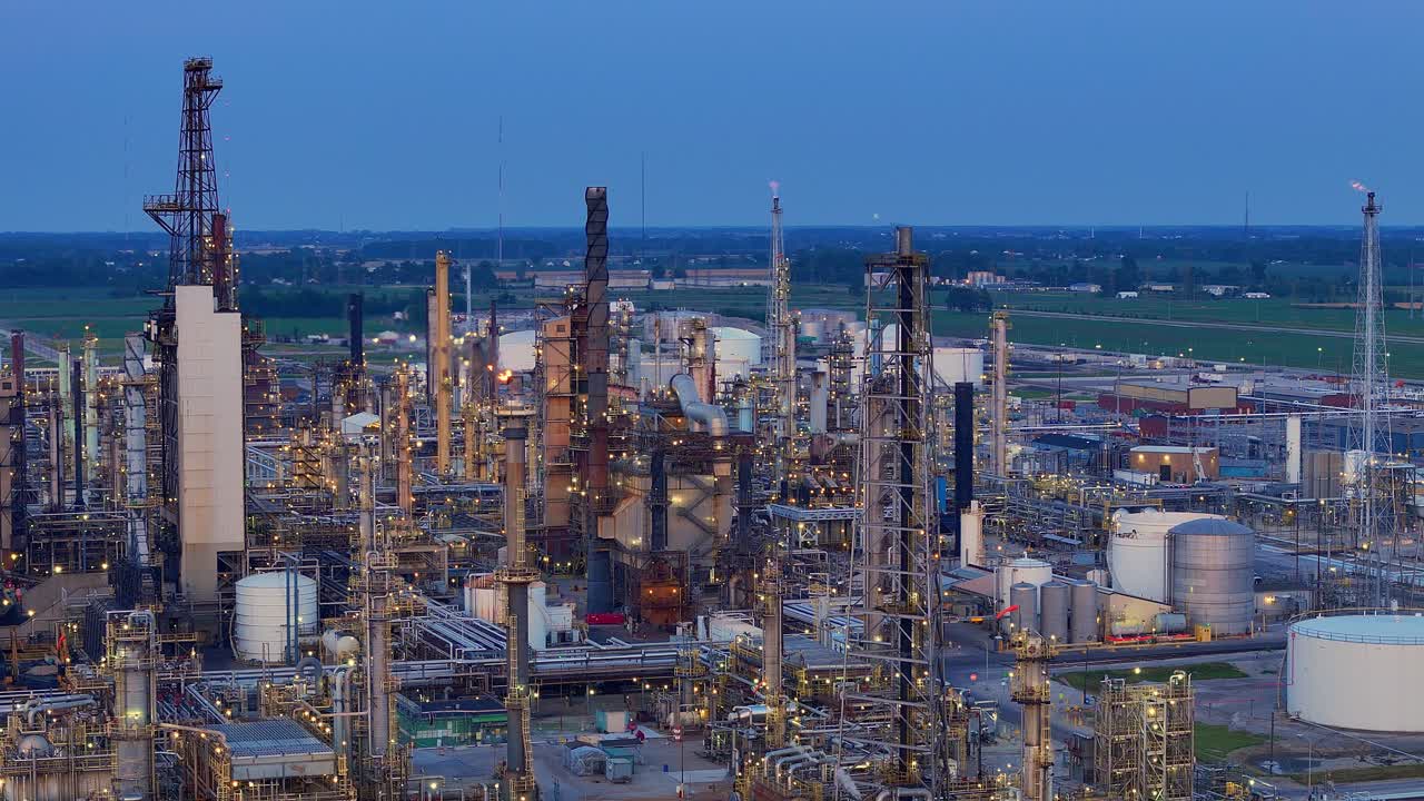 Close-up drone view of Cenovus Toledo Refinery with tanks, towers, and piping