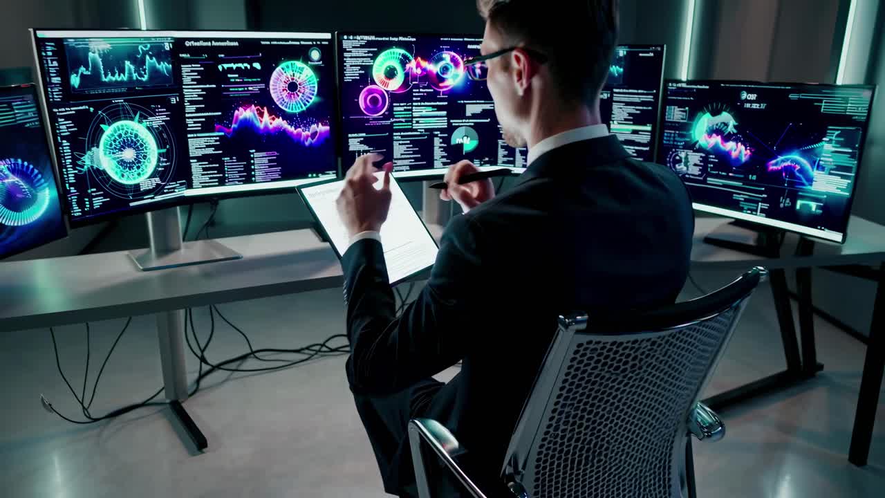 A high-angle shot of a professional analyzing data on multiple screens, blending technology