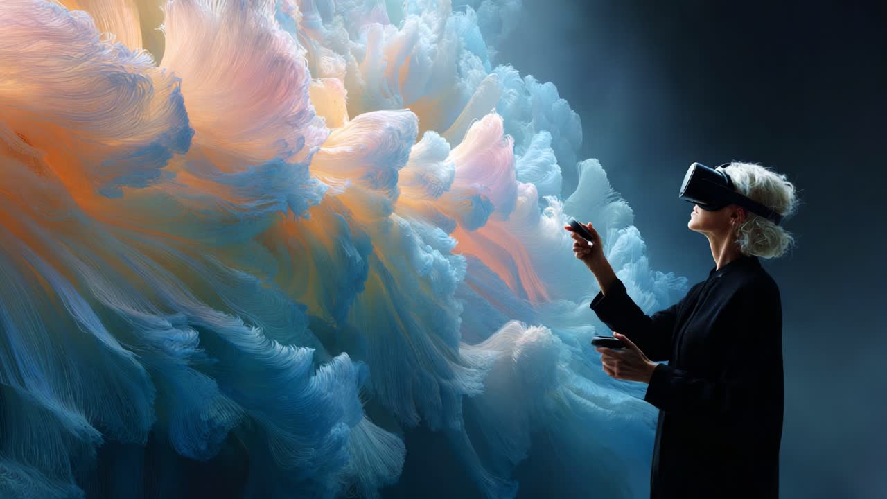 Exploring Digital Realities: A User Engages with Immersive Virtual Art Through a VR Headset, Surrounded by Colorful, Abstract Aesthetic Visuals in a Creative Environment