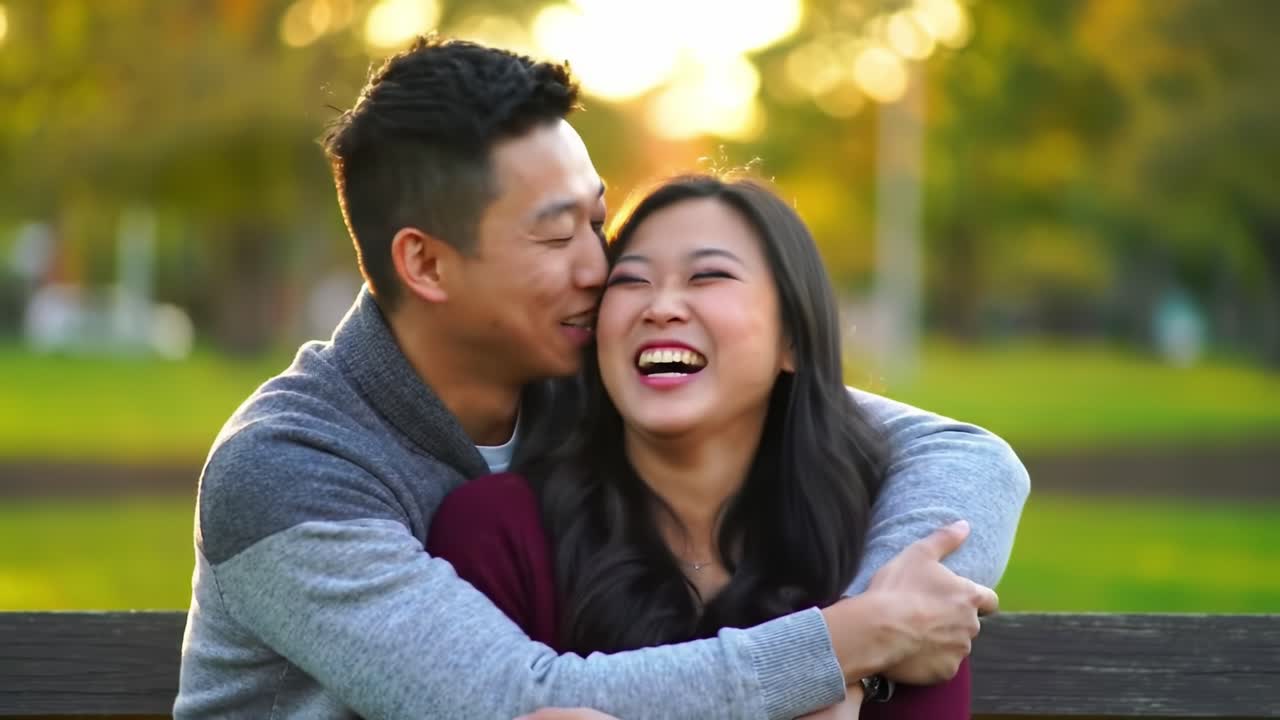 A Heartwarming Moment of Connection: A Couple's Joyful Expression of Love and Affection in a Serene Park Setting