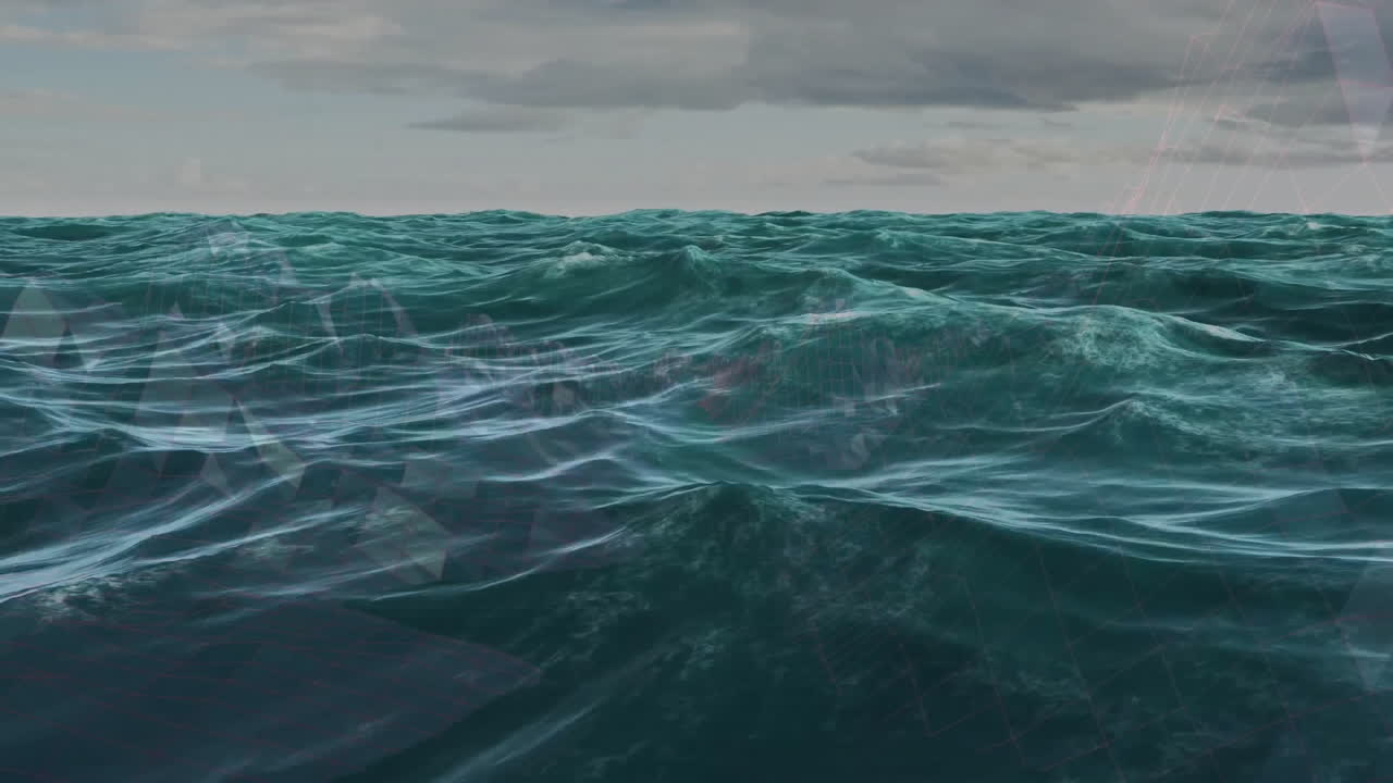 Animation of rough ocean waves with geometric patterns under cloudy sky