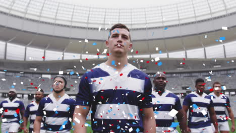 animation of confetti over male rugby players at stadium