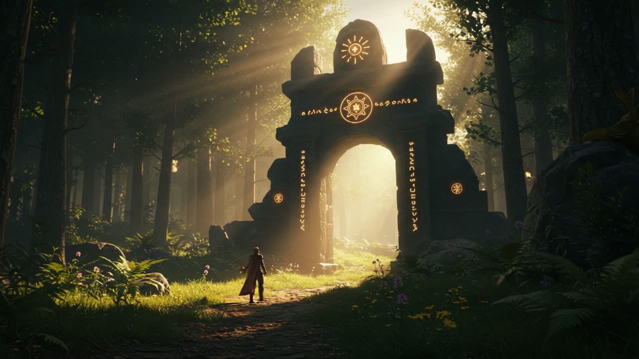 A Mysterious Forest Portal: Illuminated Archway Surrounded by Lush Greenery Leads to a World of Adventure and Discovery in a Fantasy Landscape
