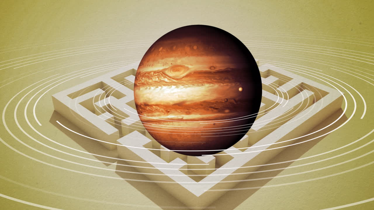 노란색 배경에 미로 패턴 위에 회전하는 지구의 애니메이션