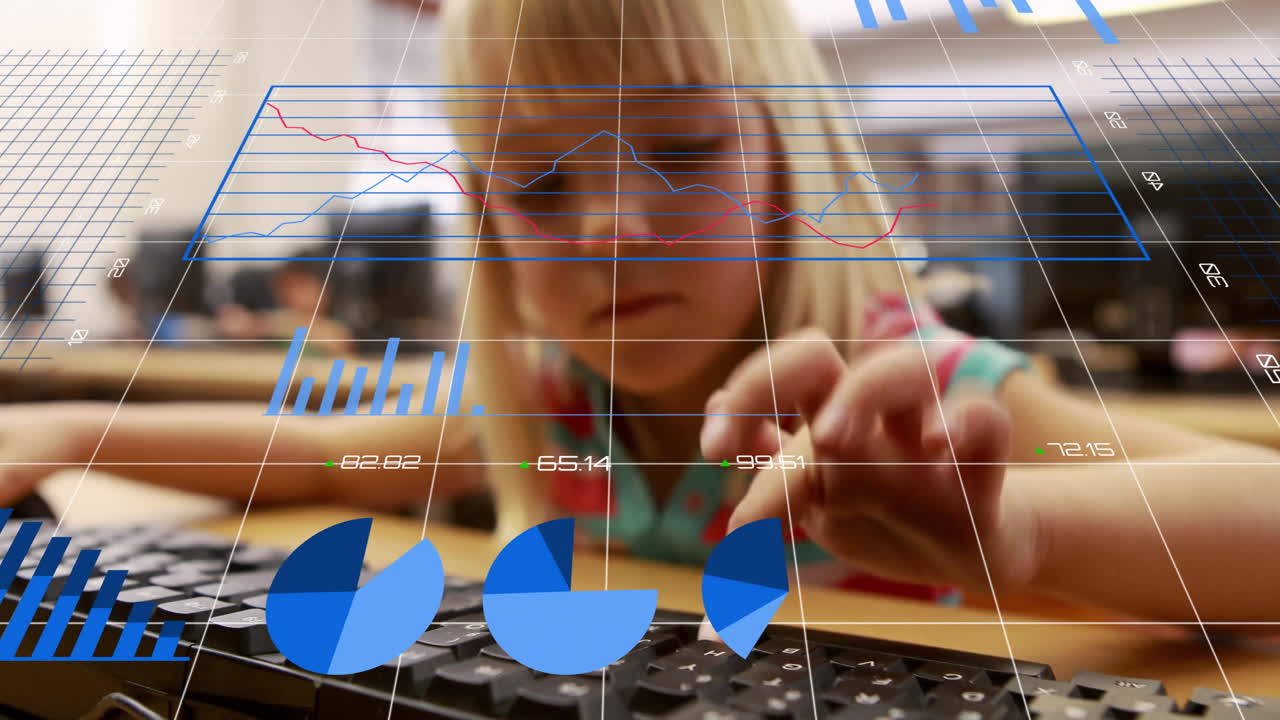 animación de procesamiento de datos y diagramas sobre chica caucásica usando computadora