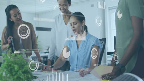 business data analytics animation over diverse team collaborating in modern office