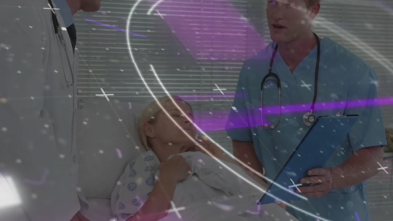 Paciente observando al equipo médico que le pone una mano tranquilizadora sobre el brazo y revisa el portapapeles con gráficos arremolinándose