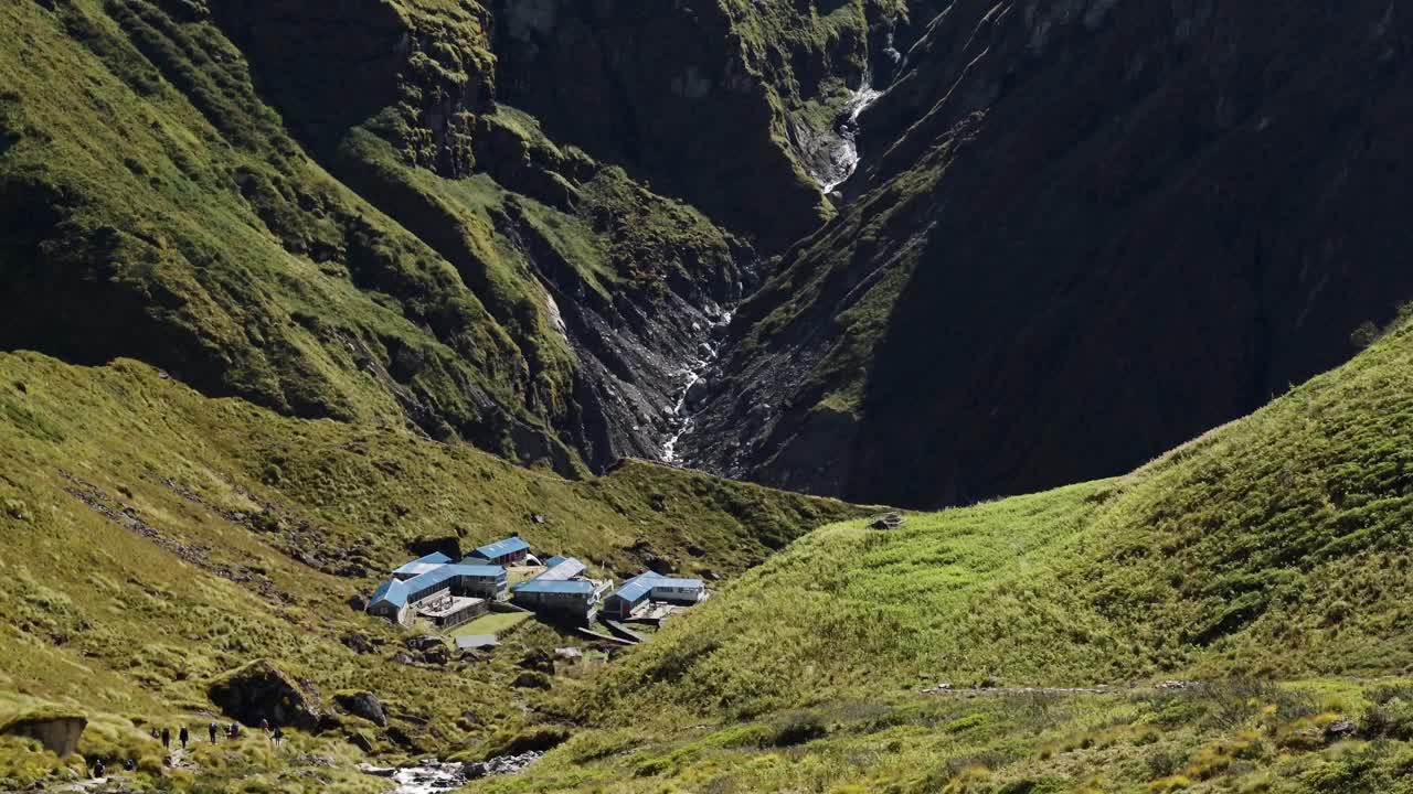 Nepal Trekking Teahouse in Mountains, Teahouses Accommodation and Bulidings in a Remote Village in the Himalayas Mountains on the Annapurna Circuit Hike, Hiking at Machapuchare Base Camp