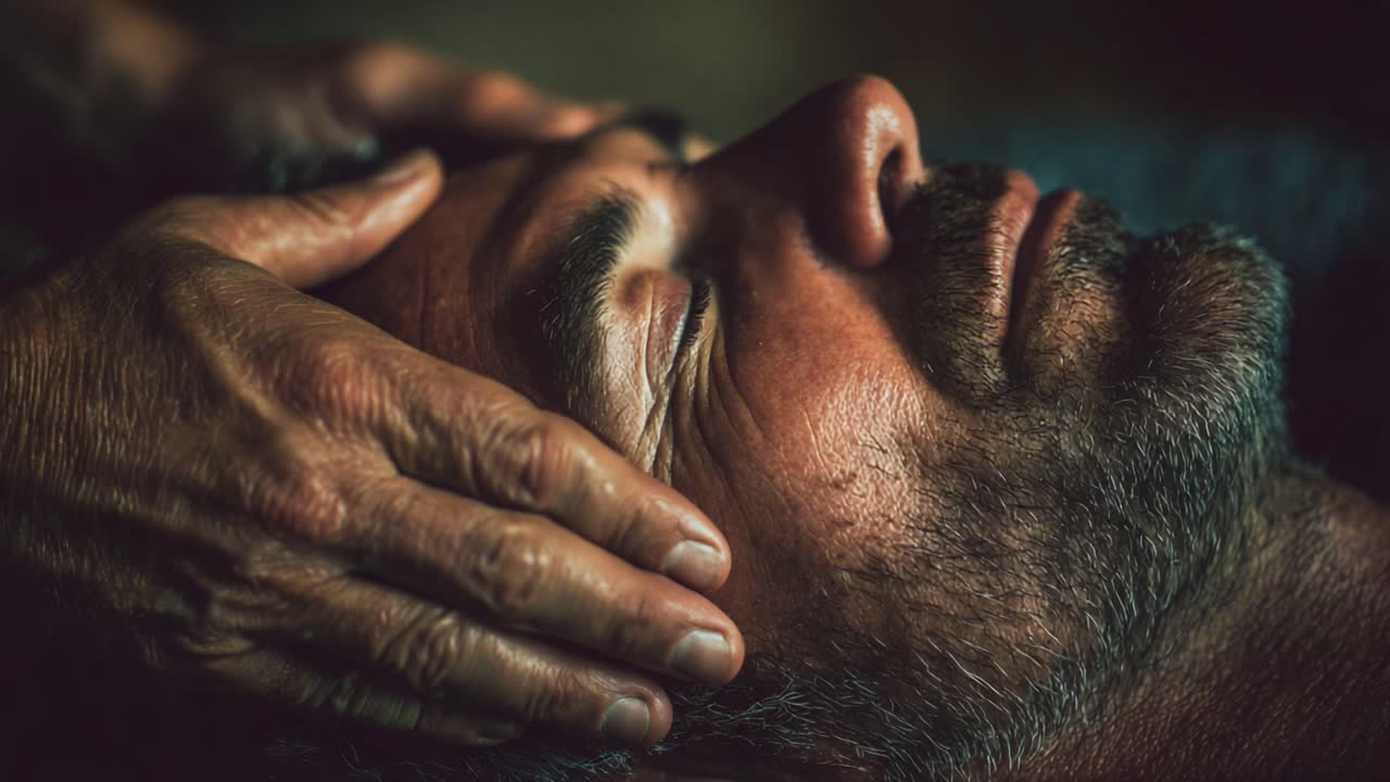 A Tranquil Moment: Close-Up of a Calm Man Receiving Gentle Touch Therapy from a Skilled Practitioner, Emphasizing Relaxation and Connection