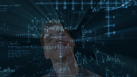 animación de un hombre caucásico emocionado con fórmulas matemáticas flotantes en fondo negro