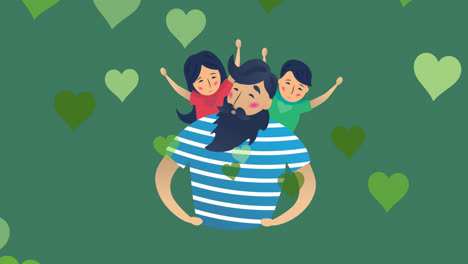 animation of caucasian father with daughter and son over green background with hearts