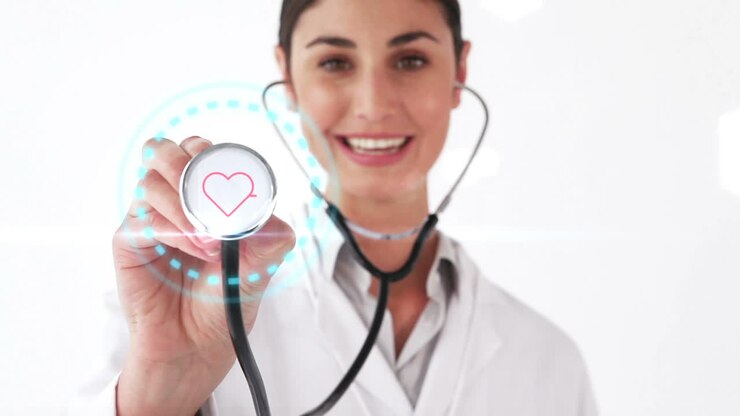 Doctor sonriente con estetoscopio que muestra latidos