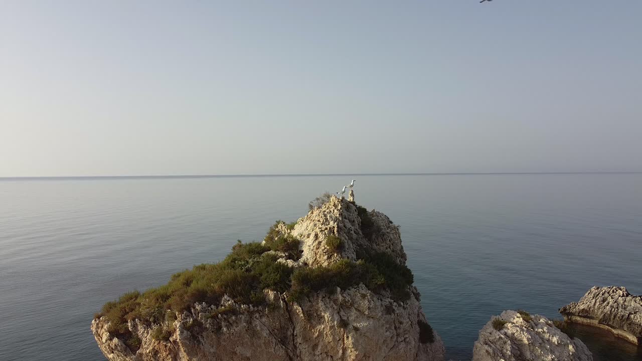 Seagulls sit perched atop the famous landmark of Aphrodite's Rock in Cyprus.
