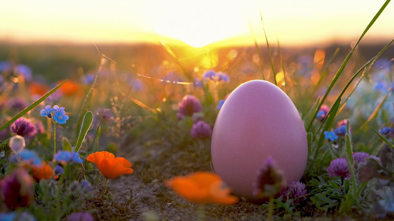 Low-angle shot of a pink egg in a vibrant flower field at sunrise, perfect for a spring video