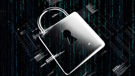 Animation-of-data-processing-and-padlock-over-black-background