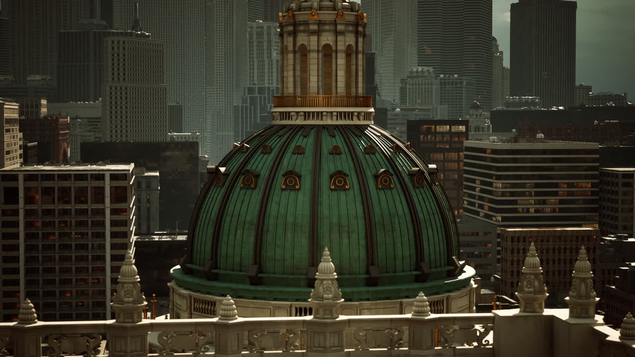 A Green Dome on a Tall Building in a Modern City