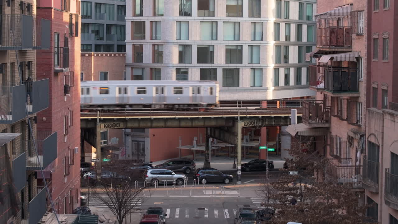 Aerial view of the subway in Brooklyn. Shot in New York City on a winter morning.