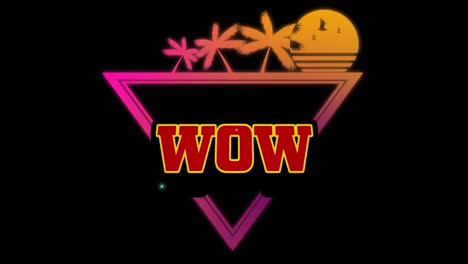 animation of wow text in red letters over tropical sunset with palm trees