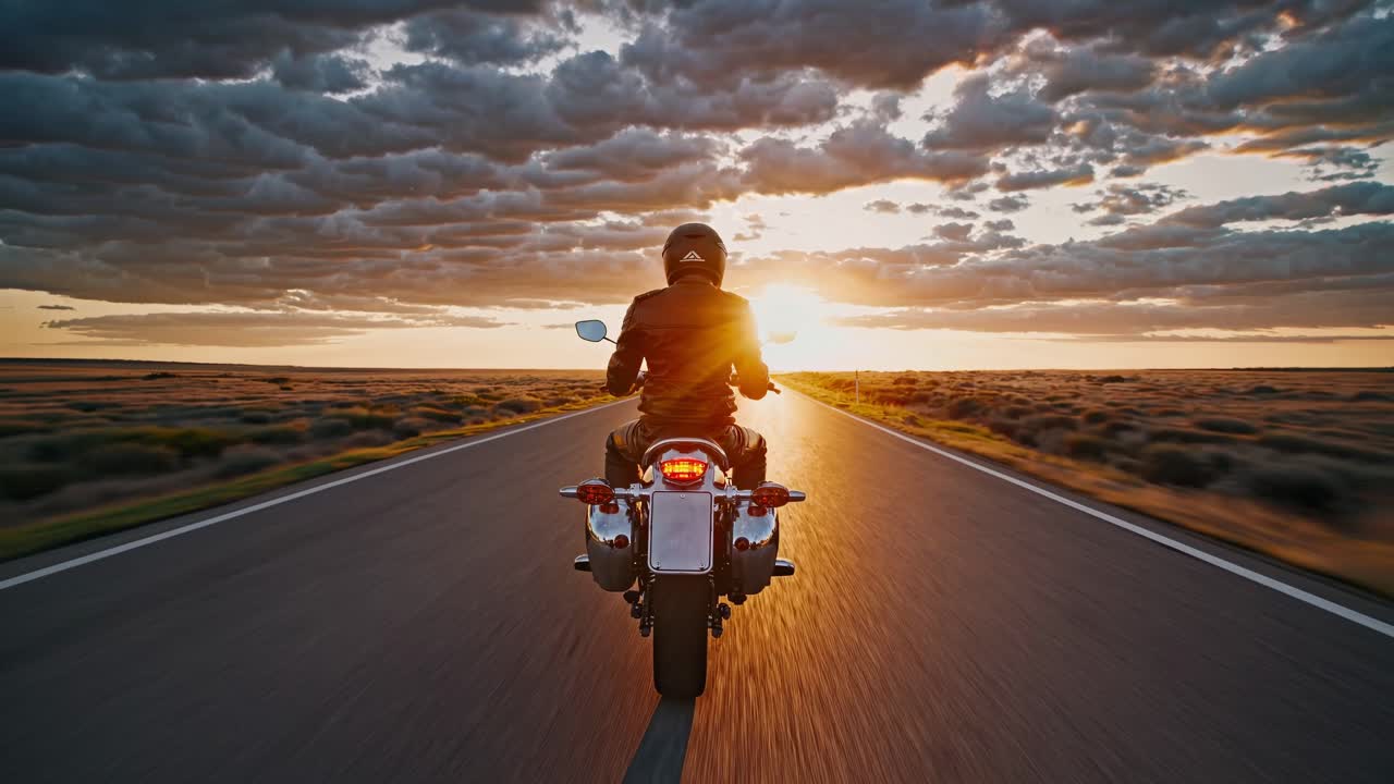 A rear-view video shot of a motorcyclist riding into a sunset on an open road, capturing a sense
