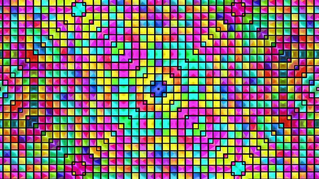 Looped abstract symmetrical background, 3d elements light up like bulbs with multicolor neon light. Bg for show or events, exhibitions, festivals or concerts, music videos, VJ loop for night clubs.