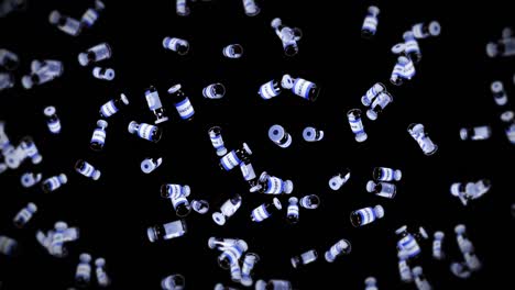 flying many vaccine bottles on black background. medical concept. virus cure. transparent liquid. 3d loop animation of vaccines.