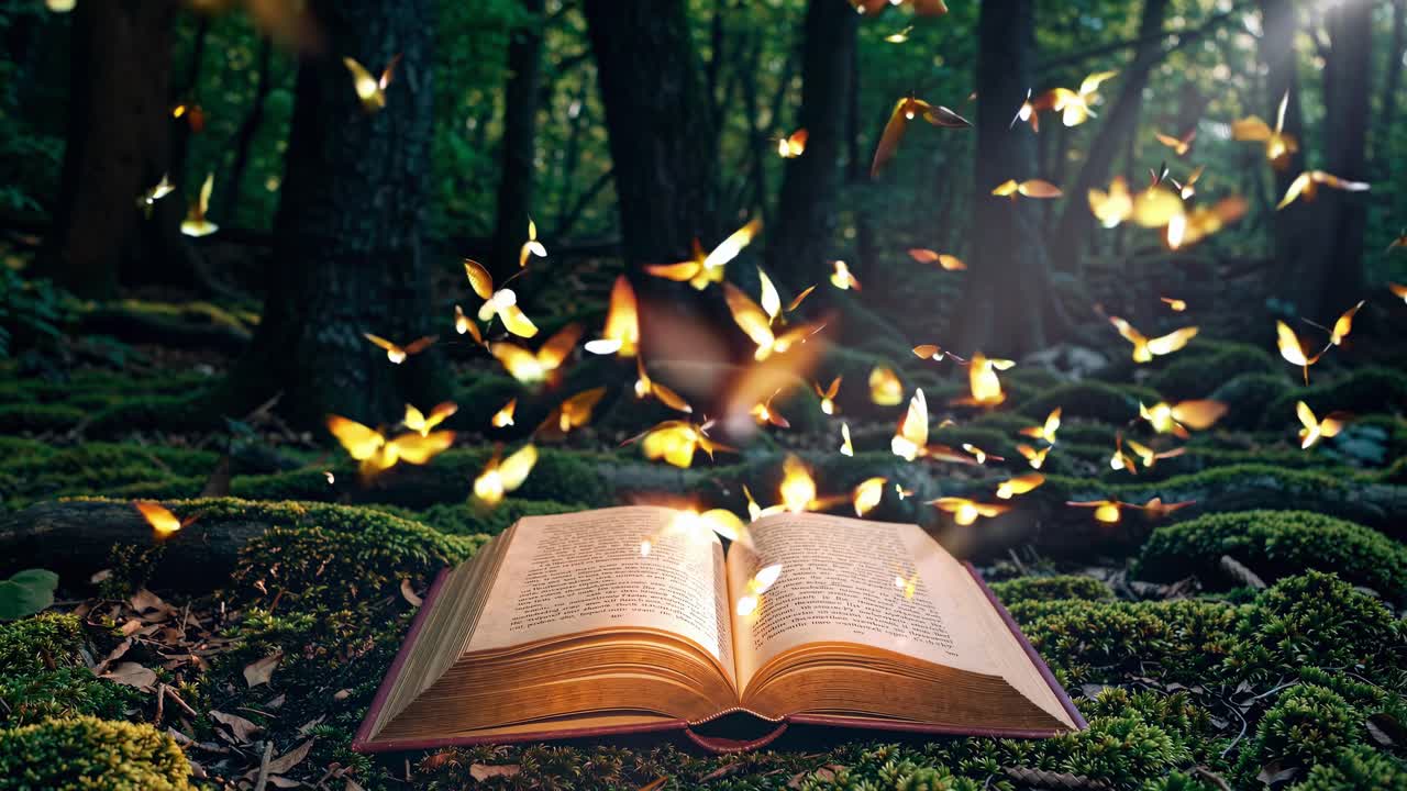 A magical open book emits glowing butterflies in a forest