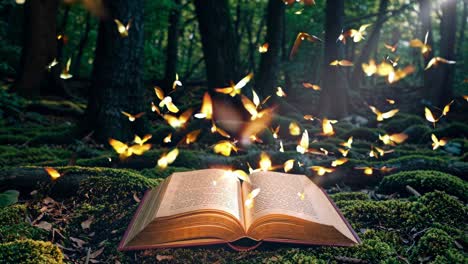 a magical open book emits glowing butterflies in a forest