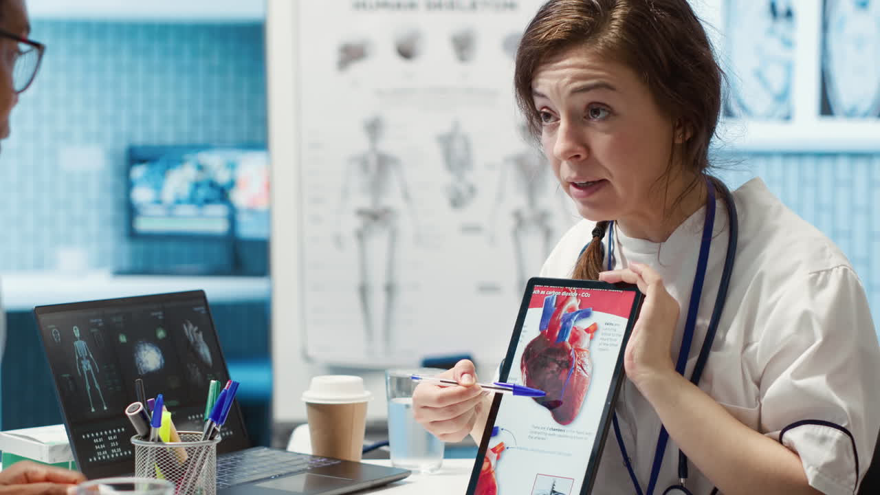 mujer especialista explicando la función y la condición del corazón en los resultados de las pruebas