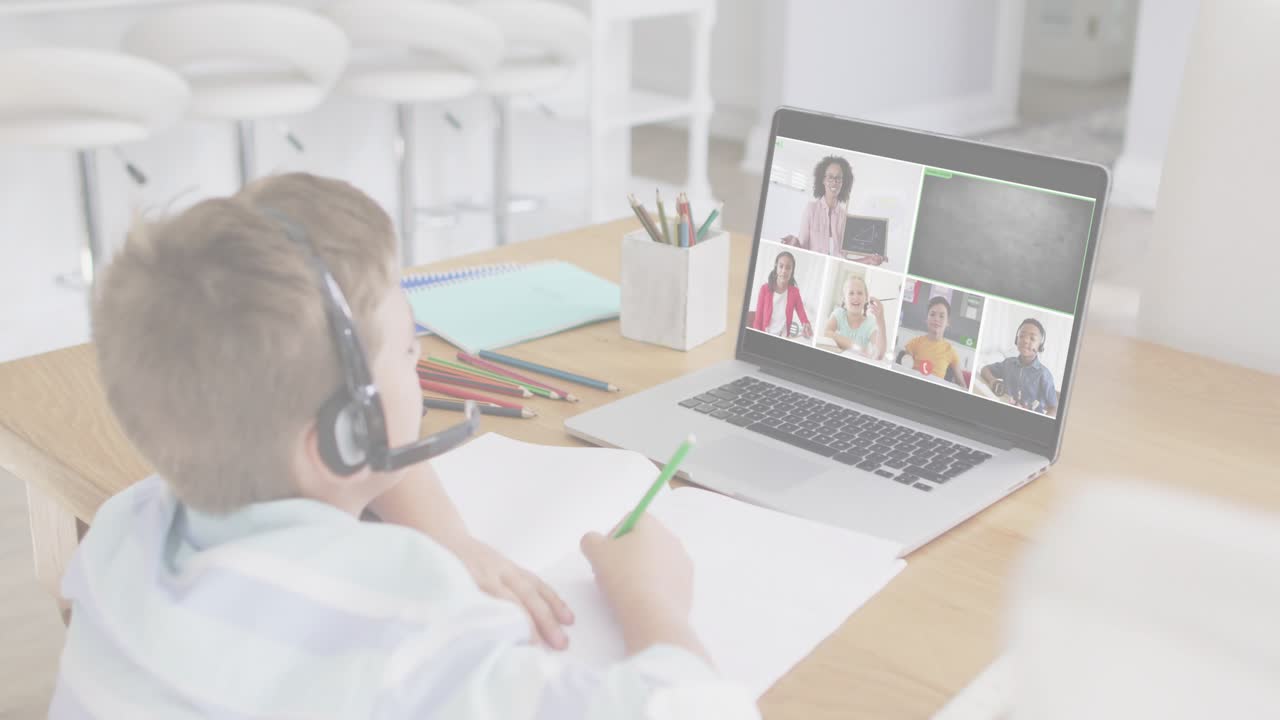 Child writing green-pencil headset, answering education prompt, shield HUD-rings growing on laptop