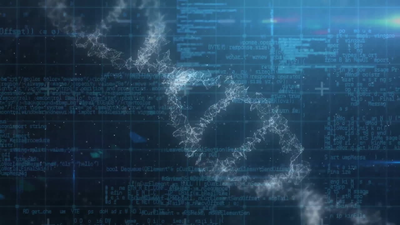 animación del hilado de la cadena de adn y el procesamiento de datos sobre fondo azul