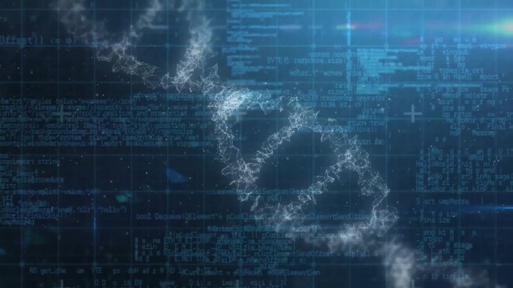 Animation of dna strand spinning and data processing over blue background