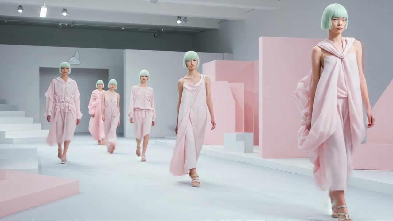 Fashion Showcase Featuring Elegant Models in Delicate Pink Attire on a Minimalist Runway Design with Soft Pastel Backgrounds and Unique Hairstyles