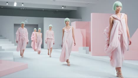 fashion showcase featuring elegant models in delicate pink attire on a minimalist runway design with soft pastel backgrounds and unique hairstyles