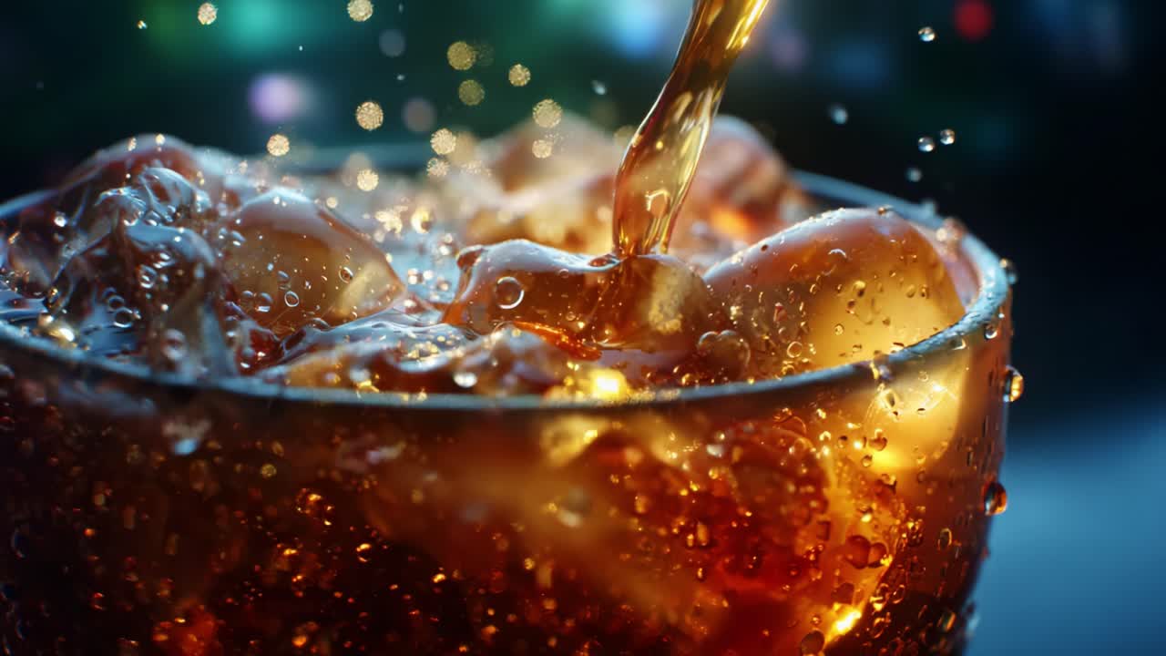 A Close-Up Perspective of a Refreshing Carbonated Beverage Being Poured Over Ice, Capturing the Bubbles and Glimmering Effect of the Fizz, Ideal for Quenching Thirst in Hot Weather